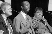 Shawn Lawrence tells a "Facing Our Future" gathering that the Binghamton area needs a plan to bring in high-paying jobs. Copyright 1996, The Binghamton Press & Sun-Bulletin. Photographer: Julia Schmalz