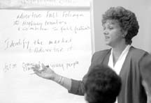 Facilitator Mary Ann Nixon leads the Developing Tourism and Entertainment Sites Action Team in identifying regional strengths during its first meeting. Copyright 1996 Binghamton Press & Sun-Bulletin. Photographer: Chuck Haupt